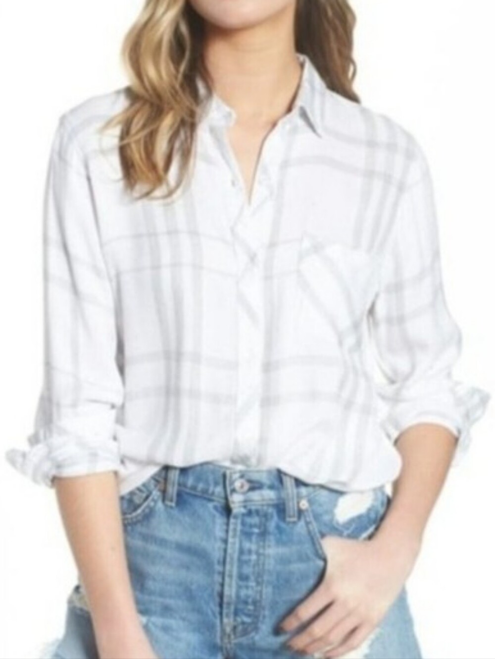 Rails Brady Ivory Dust Grey and White Plaid Button Down size Large
